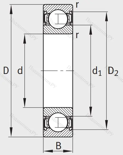 Однорядный шариковый подшипник 6306 2RSR